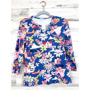 J. McLaughlin Womens M Blue Multi Along The Coast 3/4 Sleeve Crew Neck Tee NEW